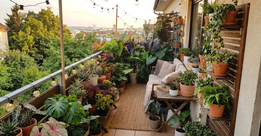 Potted houseplants on a balcony with wooden shelves and a small seating area.