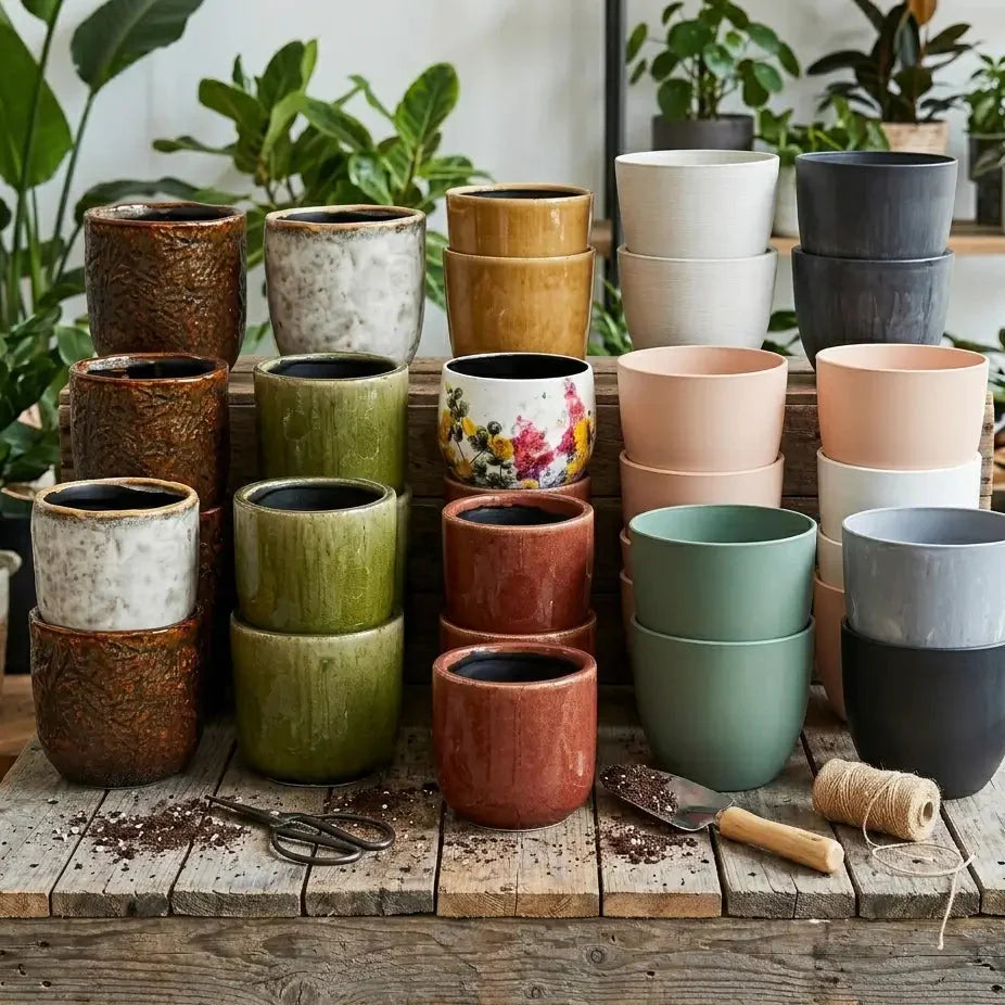 Various plant pots and planters on a wooden table with houseplants in the background