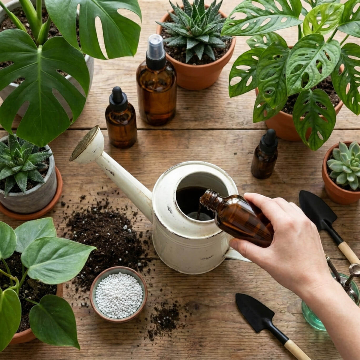 Person watering plants with a white watering can on a wooden table surrounded by various gardening items.