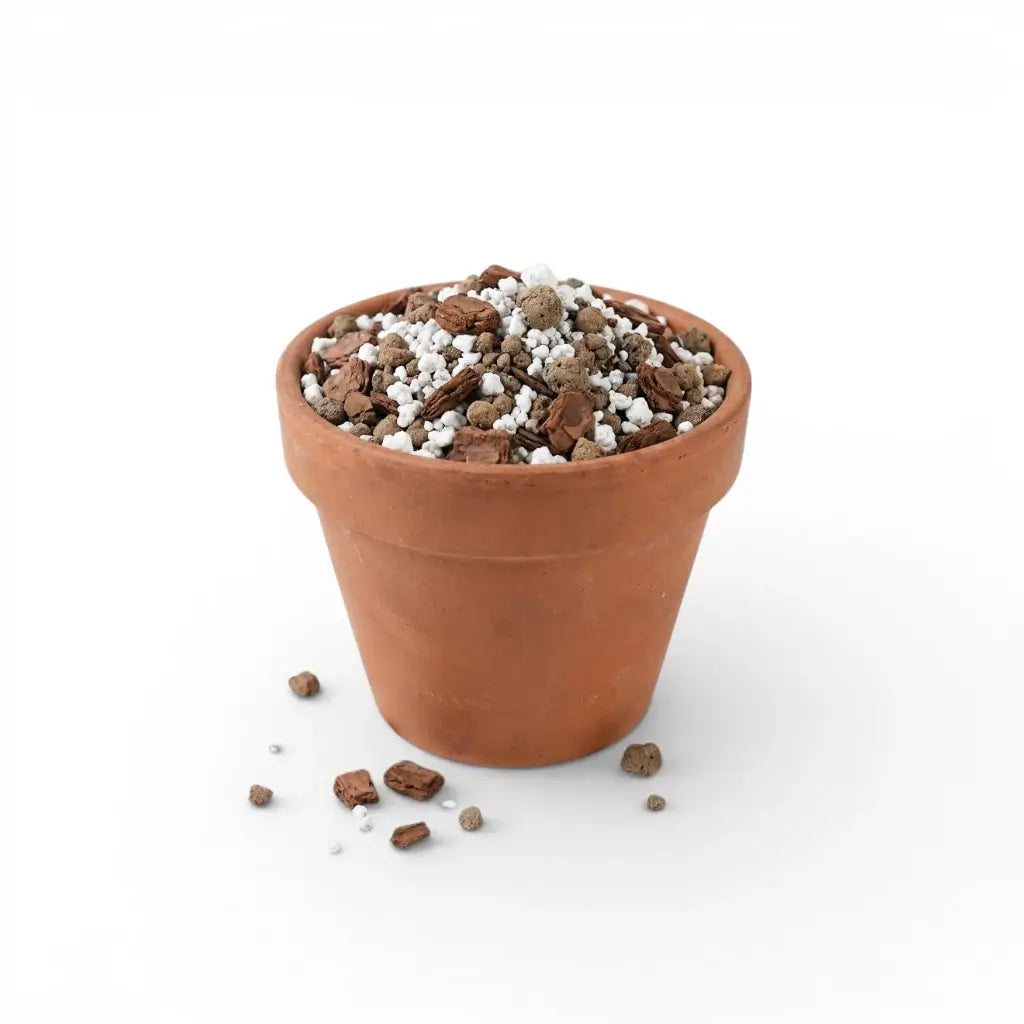 Terracotta pot with air flow substrate mix on a white background
