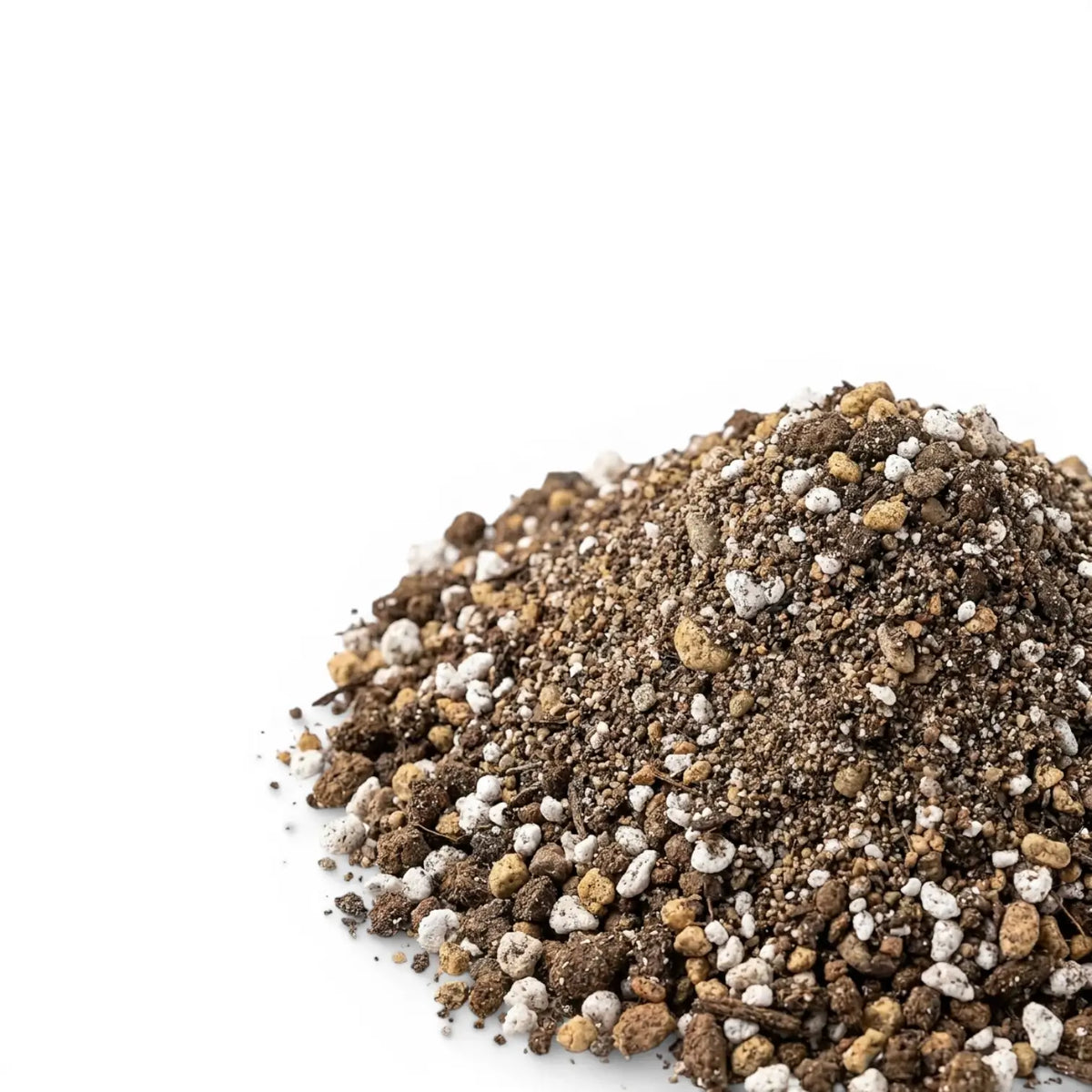 Heap of cacti and succulent potting mix mix with small stones on a white background