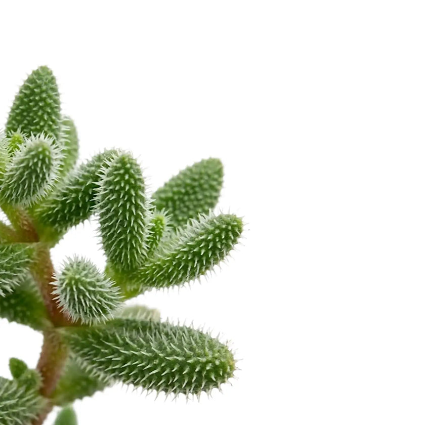 A close-up of a green Delosperma echinatum succulent plant with fuzzy, spiky leaves on a plain white background.