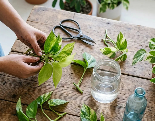 Epipremnum stem cutting prepared for propagation