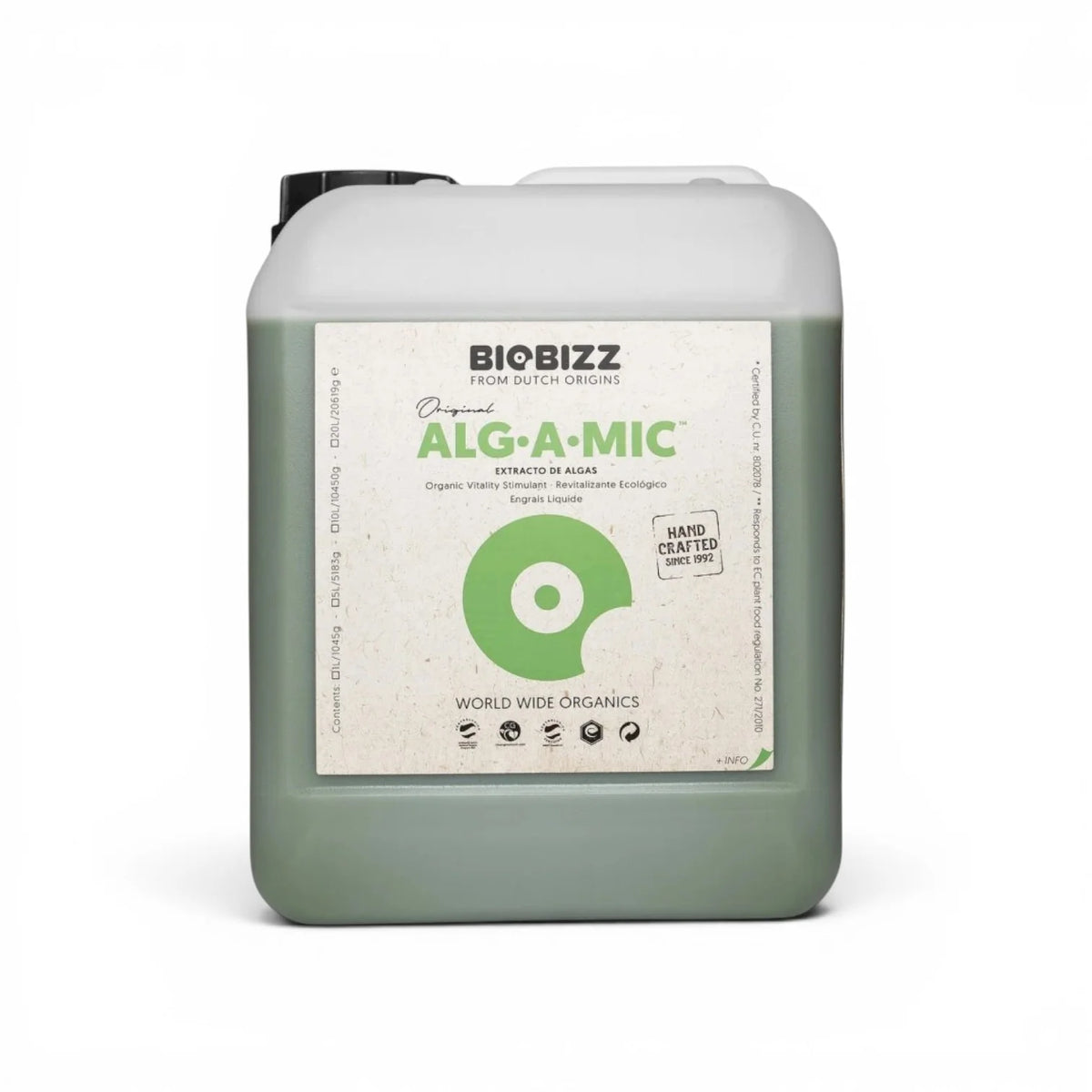 Biobizz Alg A Mic 10-Liter-Flasche vor weißem Hintergrund