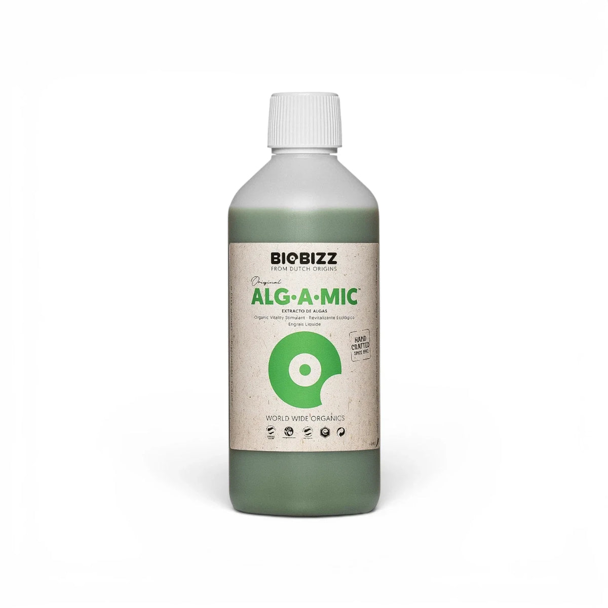 Biobizz Alg A Mic 500-ml-Flasche vor weißem Hintergrund