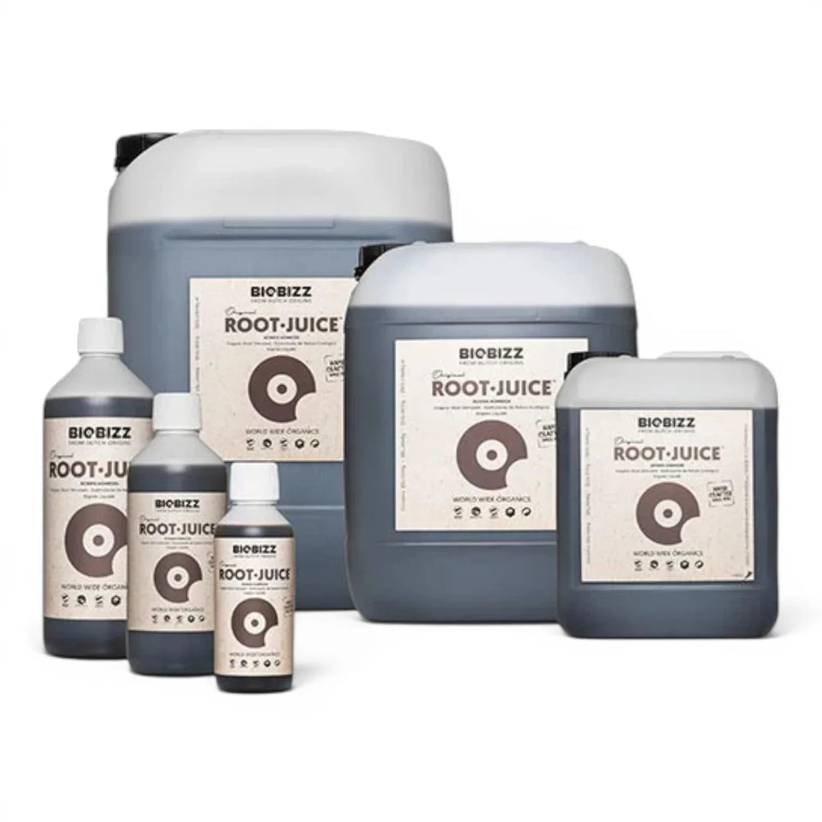 Biobizz Root Juice in verschiedenen Flaschengrößen vor weißem Hintergrund