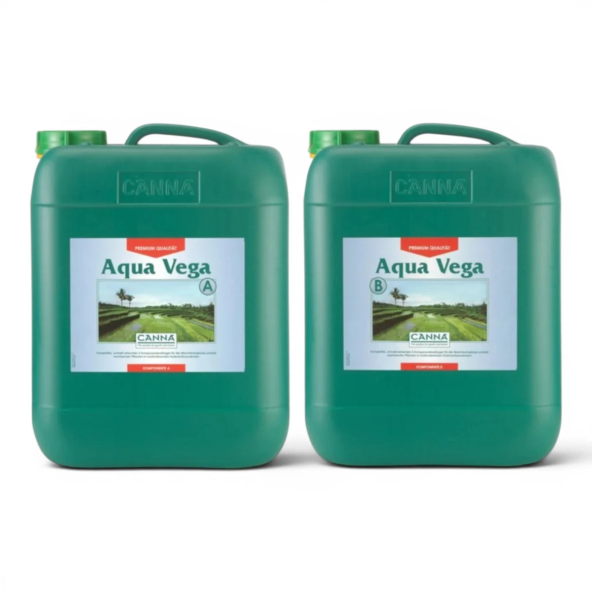 CANNA Aqua Vega A+B 10-Liter-Flaschen-Set vor weißem Hintergrund