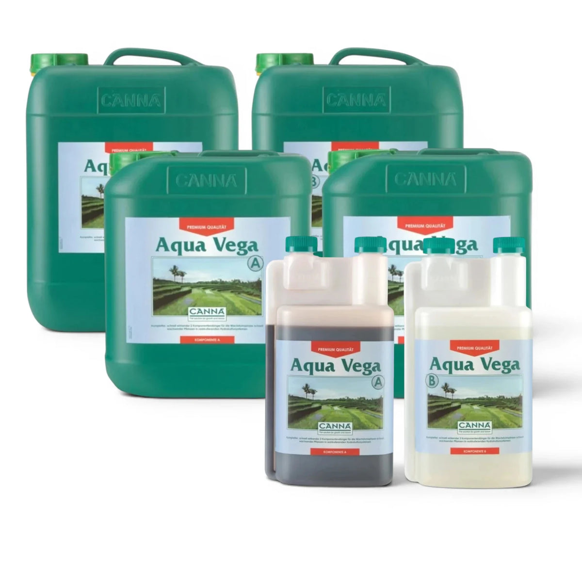 CANNA Aqua Vega A+B in verschiedenen Flaschengrößen vor weißem Hintergrund