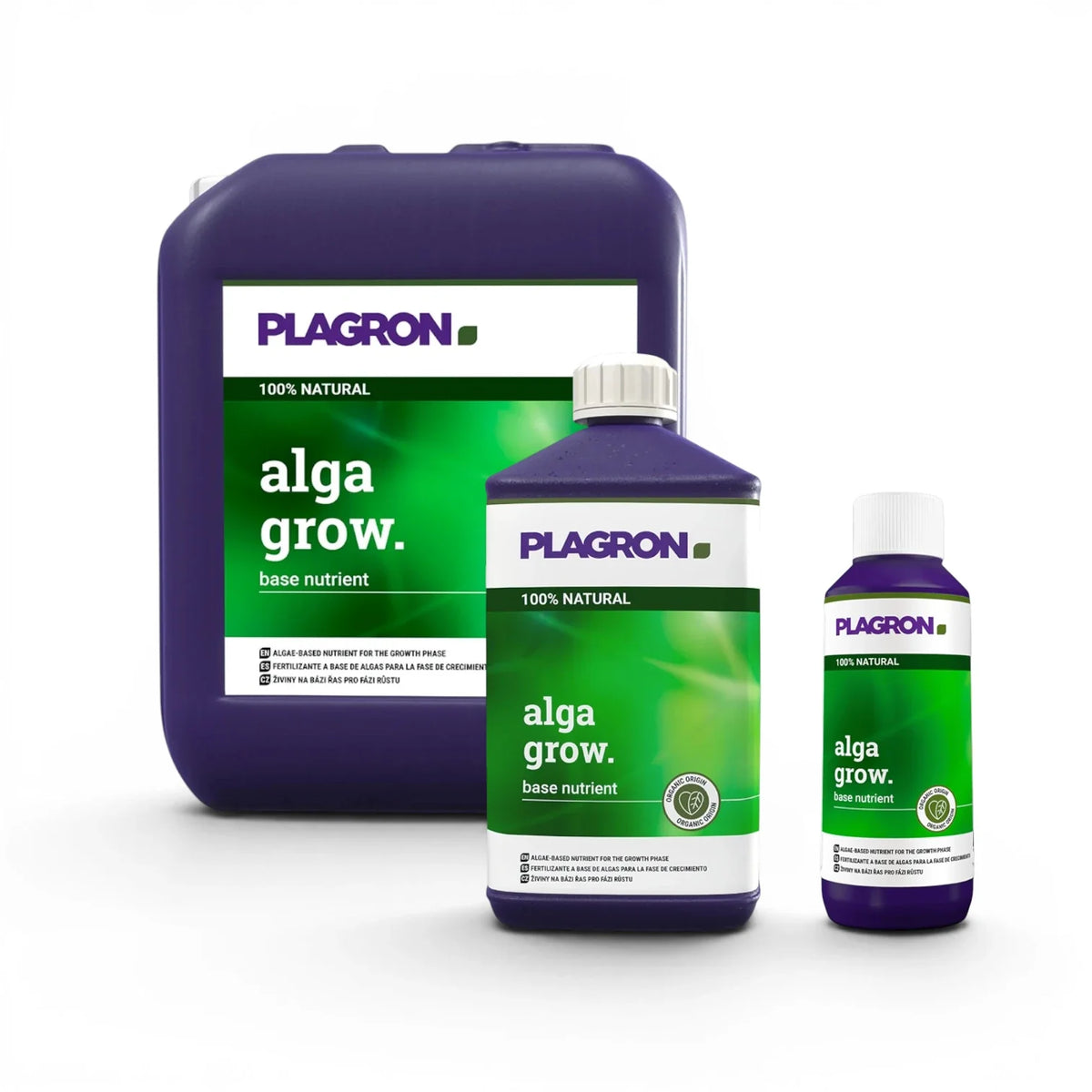 Plagron Alga Grow in verschiedenen Flaschengrößen vor weißem Hintergrund