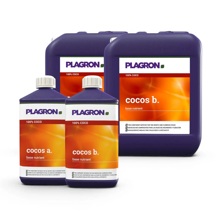 Plagron Cocos A+B bottles in multiple sizes on a white background