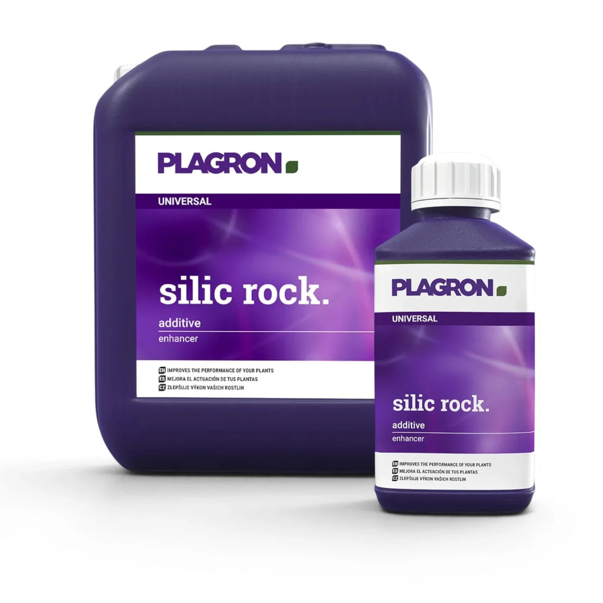 Plagron Silic Rock bottles in multiple sizes on a white background