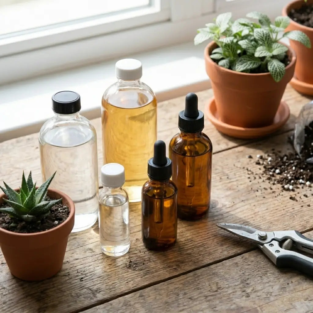 Glasflaschen mit Flüssigdüngern und Pipetten auf einer Holzfläche mit Pflanzen und Werkzeugen
