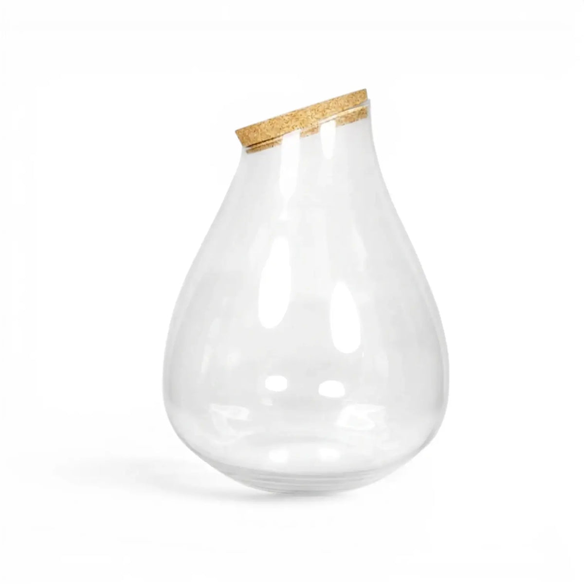 Clear glass vase Drop with a wooden lid on a white background