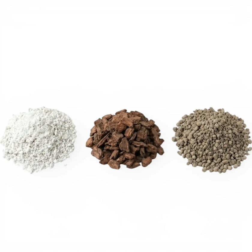 Three piles of of hoya substrate set ingredients on a white background
