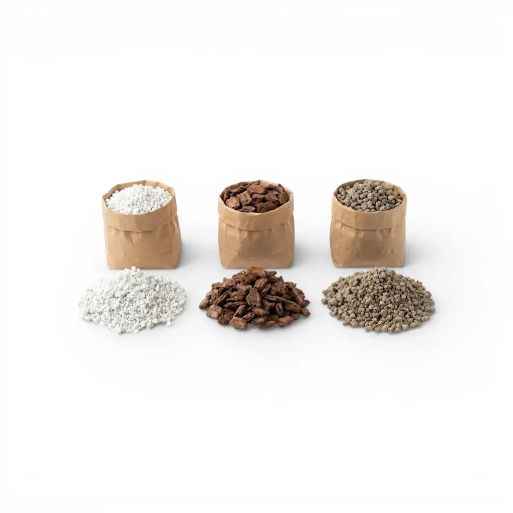 Three brown paper bags filled with different types of hoya substrate mix: perlite, pine bark and lava granulate on a white background