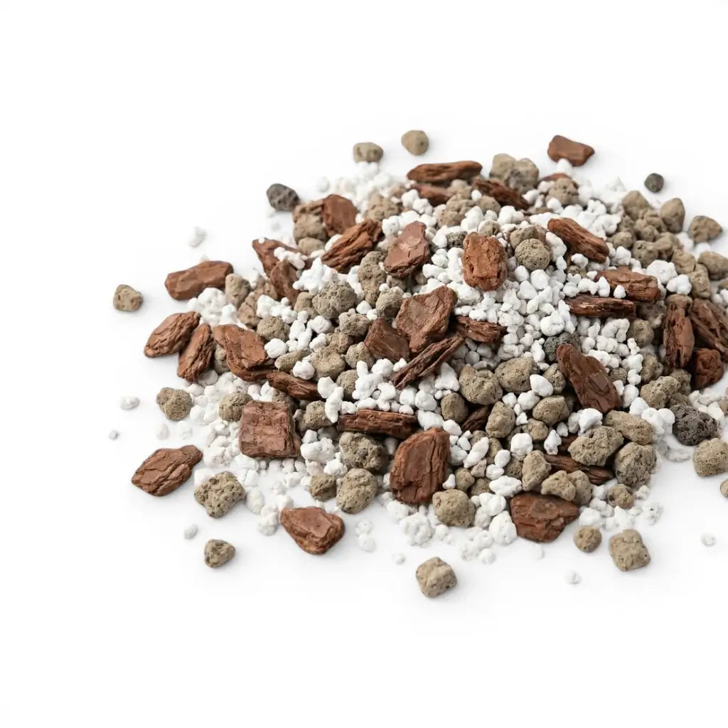 hoya substrate mix: perlite, pine bark and lava granulate mixed together on a white background