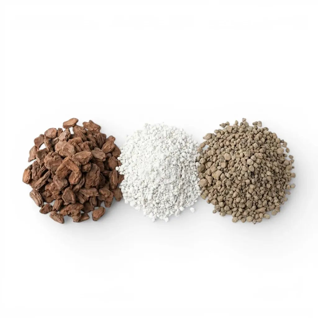 Ingredients of hoya substrate mix: perlite, pine bark and lava granulate on a white background