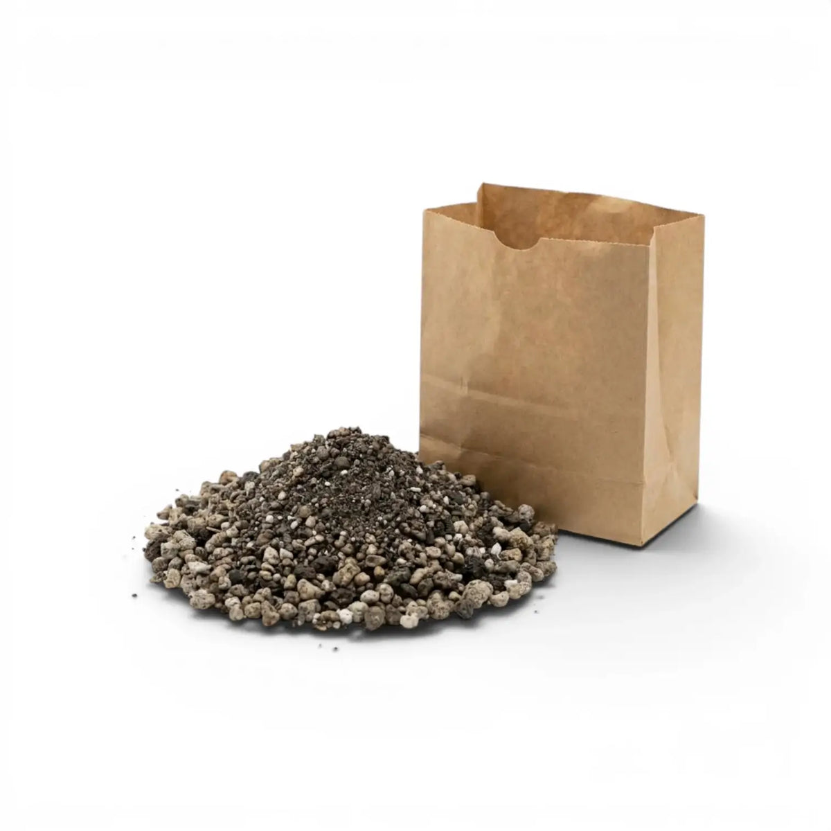 Brown paper bag filled with lithops potting mix on a white background