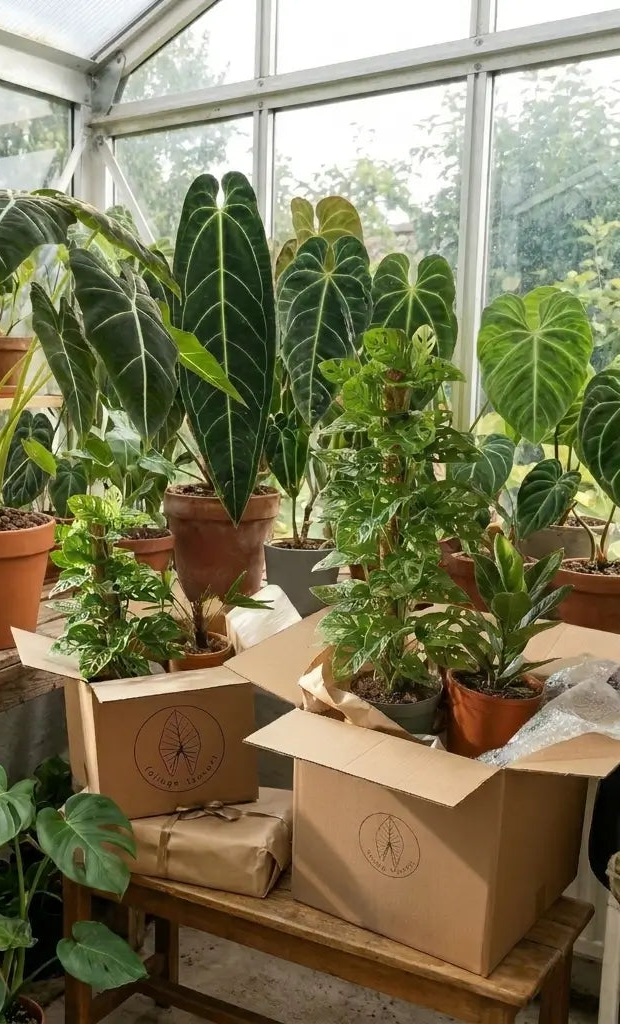 Indoor plants and gift boxes in a greenhouse setting