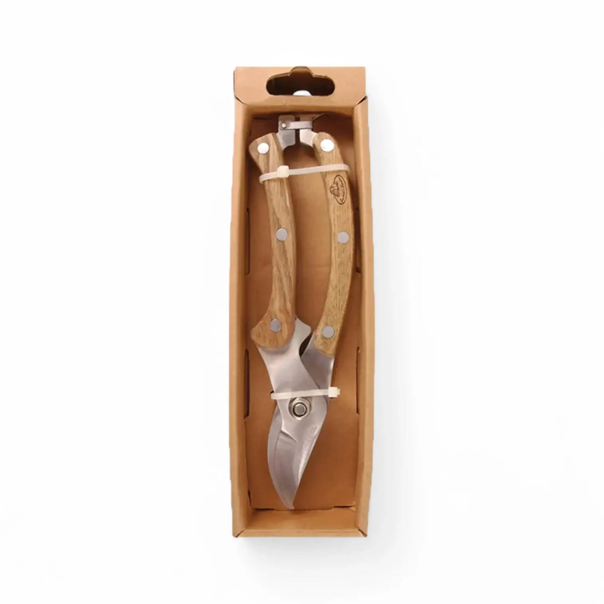 Stainless steel pruner on white background.
