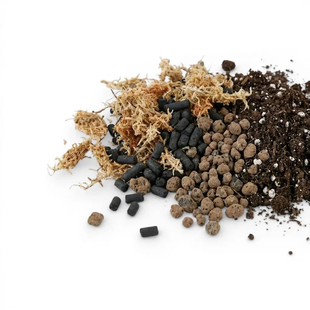 Terrarium substrate mix ingredients: soil, lava granules, sphagnum moss and activated carbon pellets, mixed on white backround