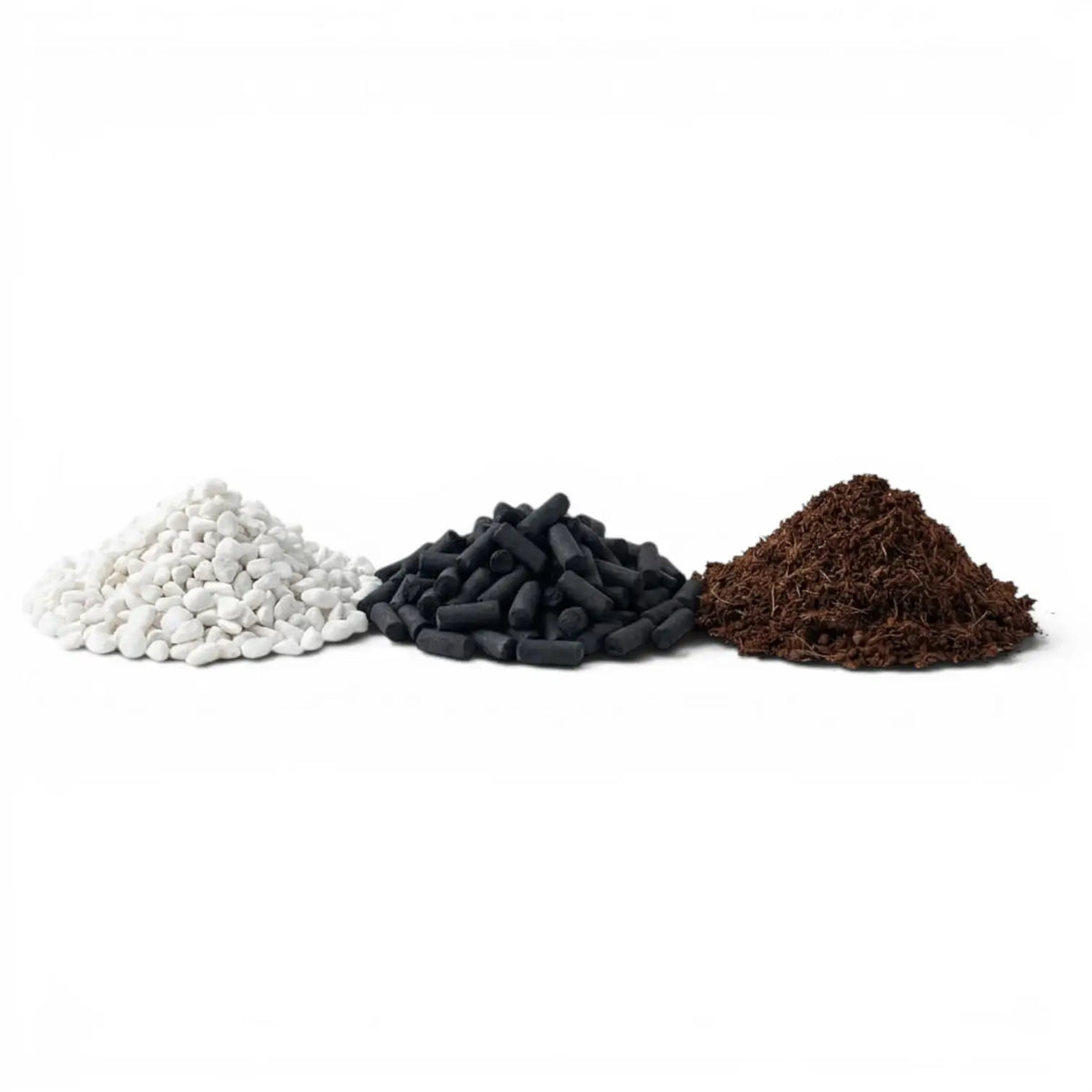 Three piles of different terarrium substrate layers - activated carbon pellets, white gravel stones and coconut coir soil on a white background