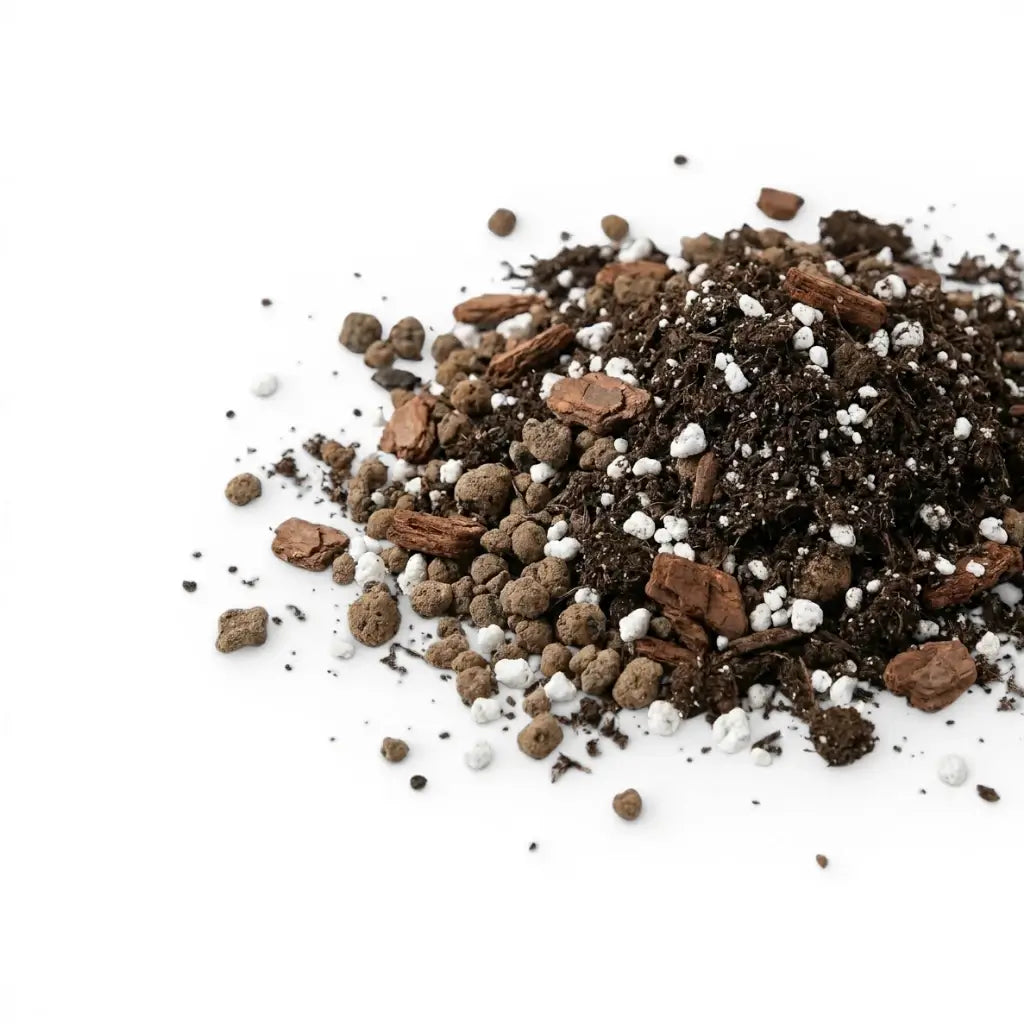 Universal sol mix ingredients: soil, perlite, pine bark and lava granules, mixed on white backround