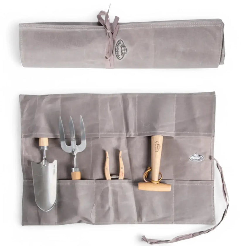Waxed canvas roll up pouch main product photo on white background.