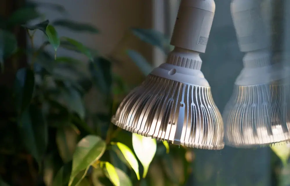 Close-up of a full-spectrum LED grow light in use above indoor plants