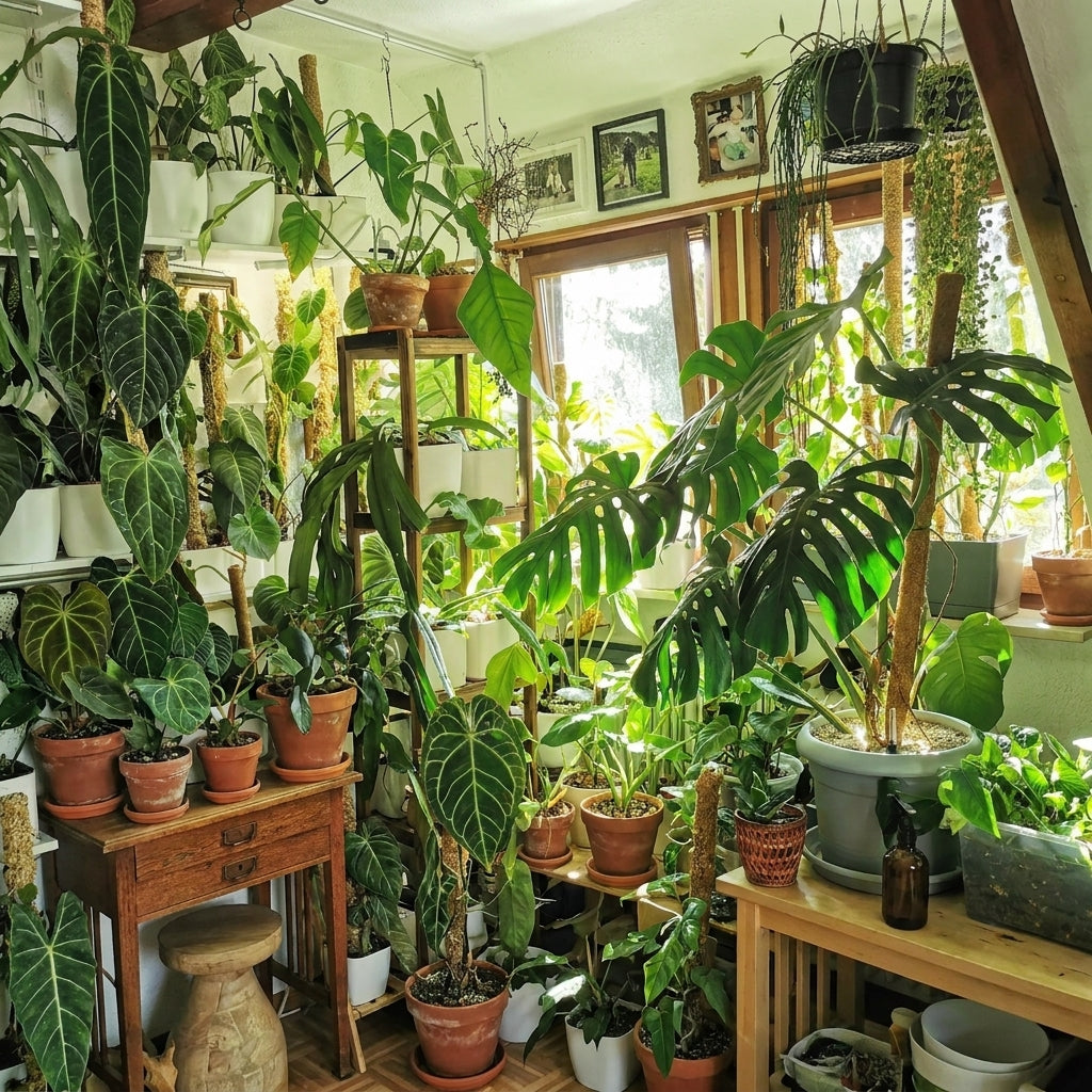 Bright interior with several potted houseplants arranged around furniture and shelves