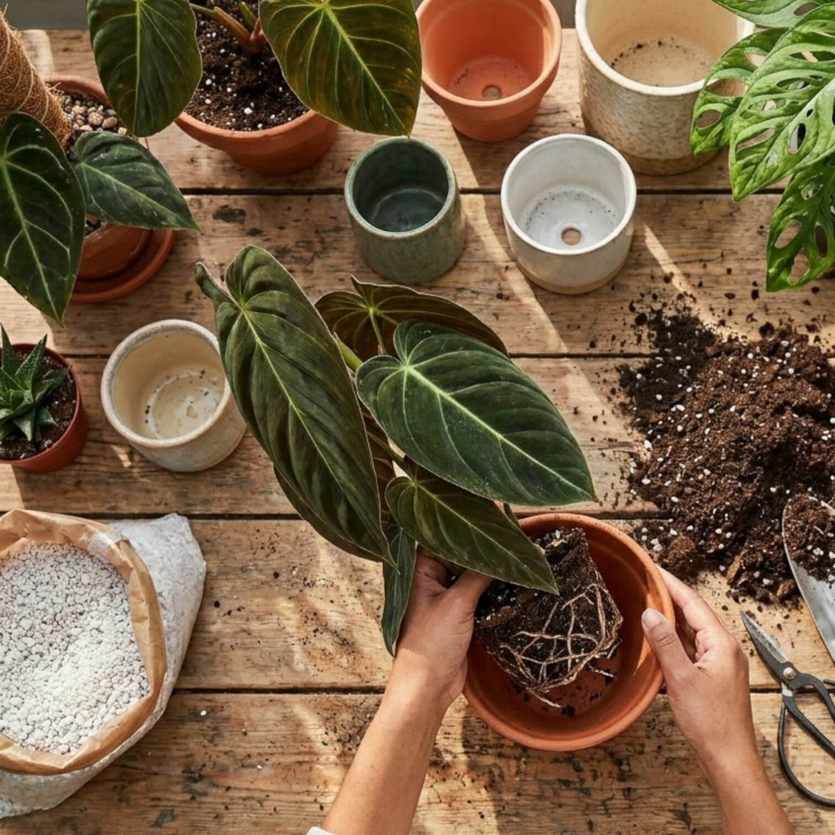 Hands holding the roots of a Philodendron melanochrysum above pots and substrate