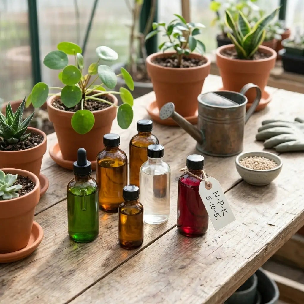 Plant additive bottles beside potted plants and plant tools on a wooden table
