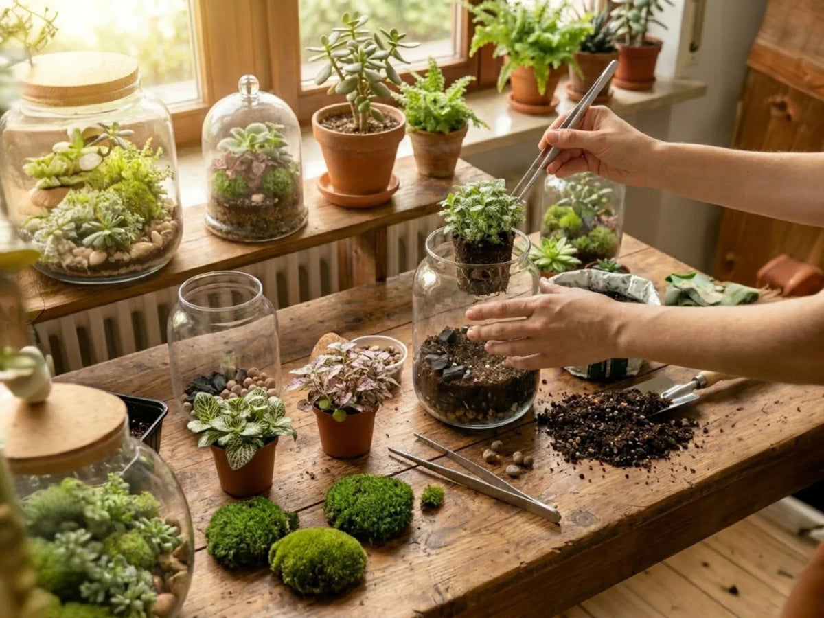 Hands placing a plant inside a glass jar terrarium with substrates and tools nearby