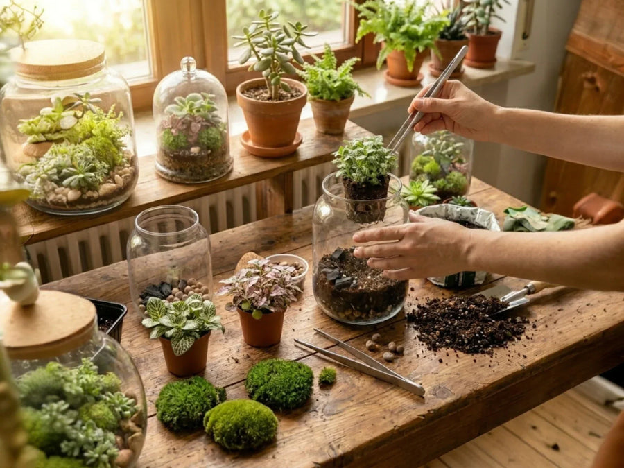 Hände setzen eine Pflanze in ein Glas-Terrarium, umgeben von Terrarienpflanzen, Substraten und Werkzeugen