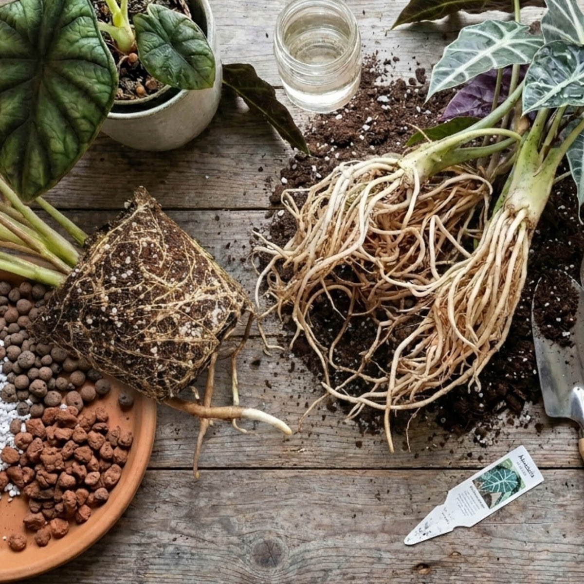 Roots of a plant on a wooden surface with soil and gardening tools.