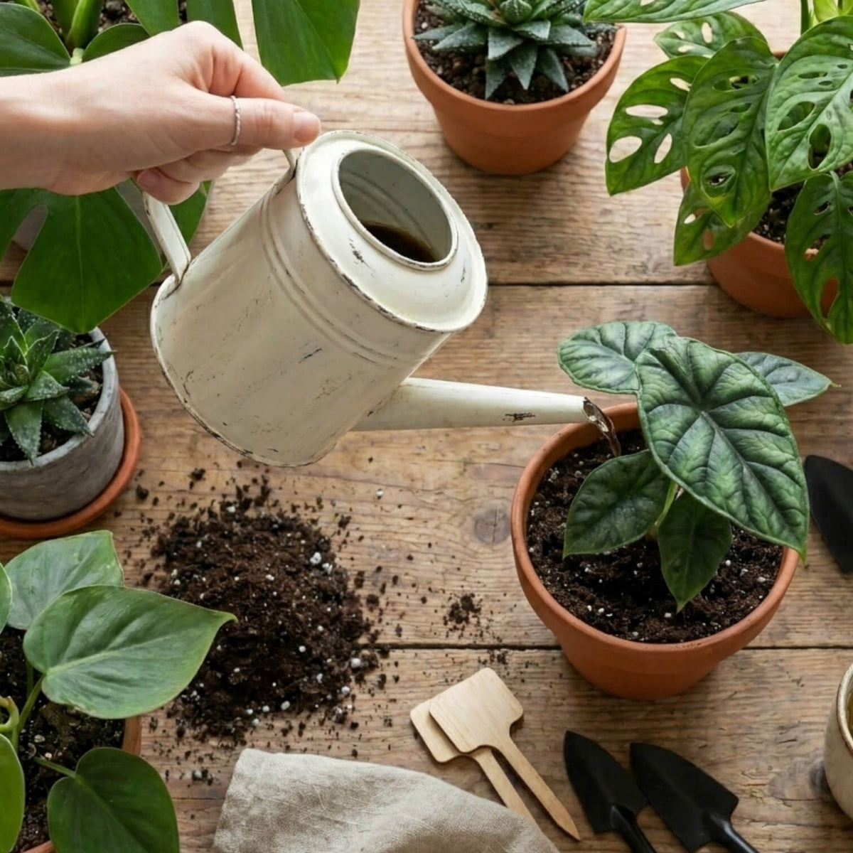 Person watering plants on a wooden table with gardening tools.