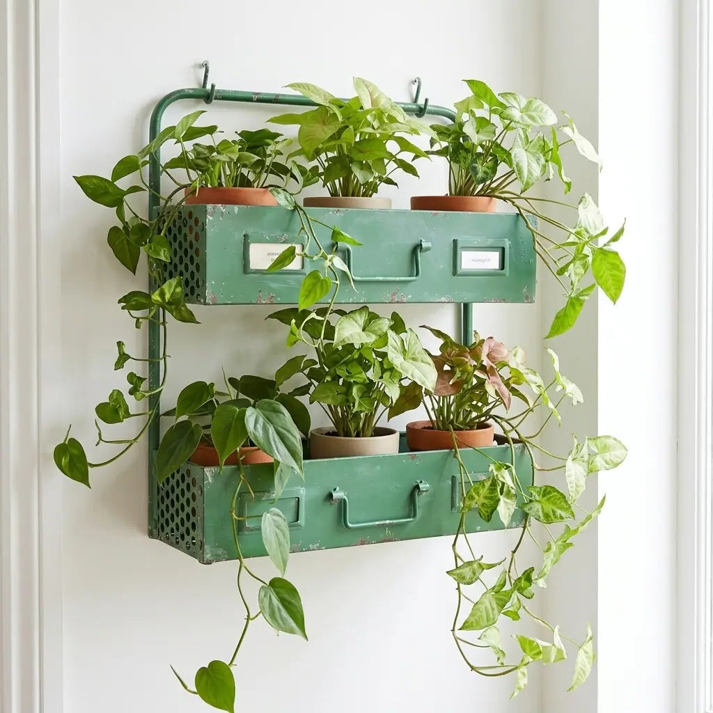 Green metal shelf with various Syngonium plants against a white wall