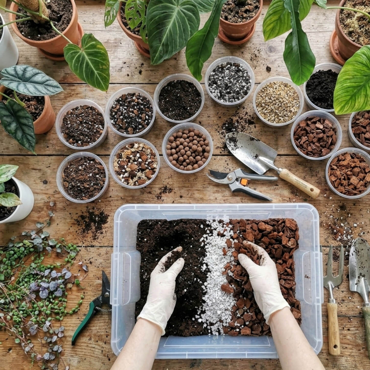 Person preparing soil mix with gardening tools and plants on a wooden table