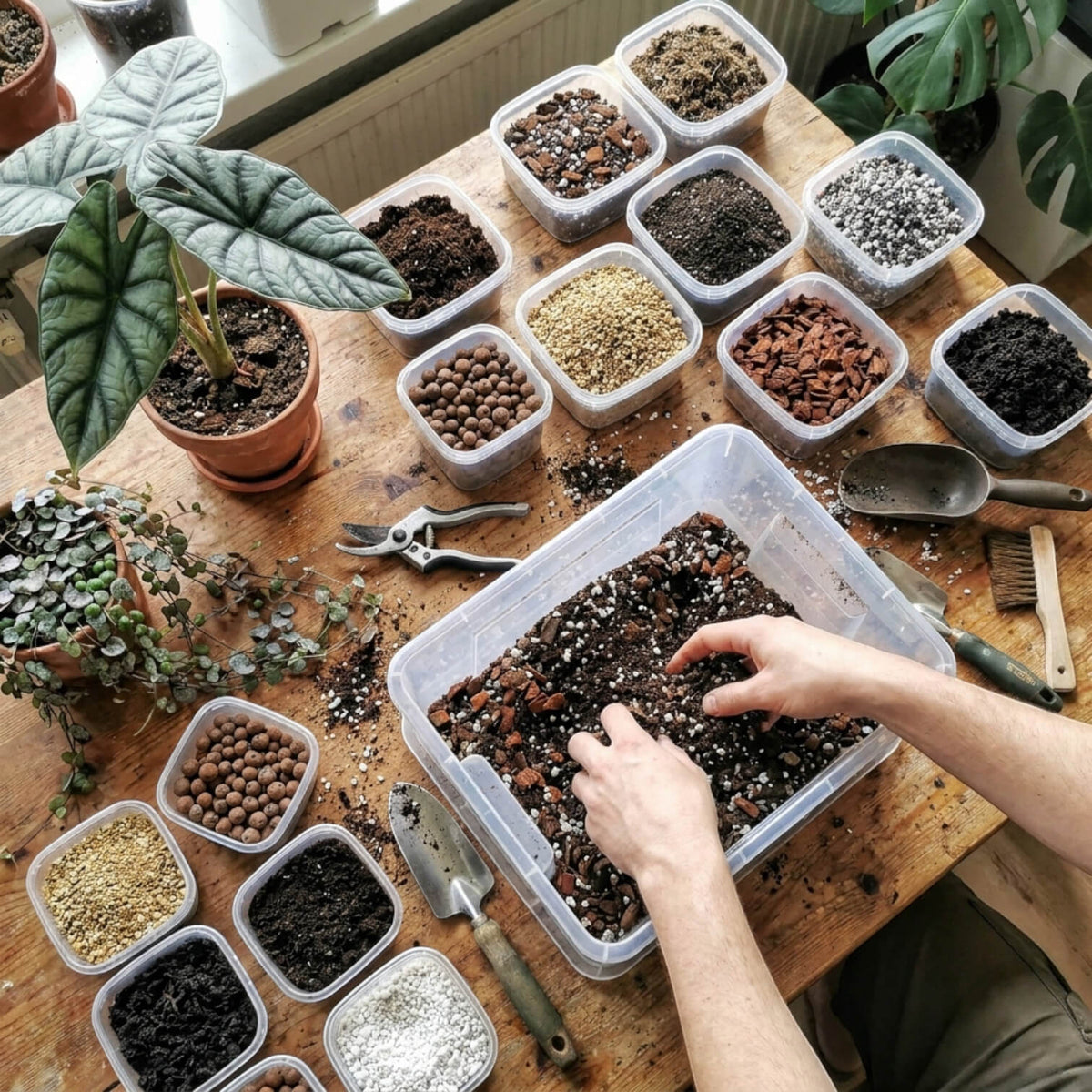 Person preparing soil in a container with various potting materials on a table.