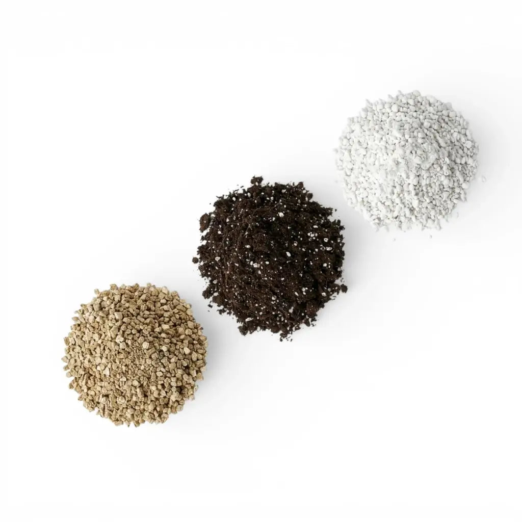 Three spherical piles of propagation soil mix ingredients: lava granulate, seedling soil and perlite on a white background