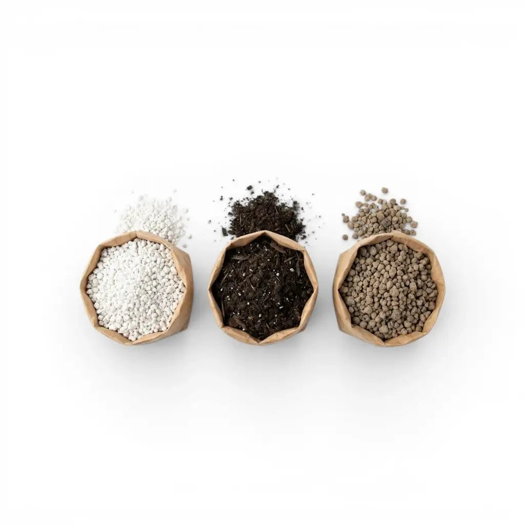 Three wooden containers filled with  succulent potting mix ingredients: lava granulate, soil and perlite  on a white background