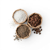 Three brown paper bags filled with air flow substrate mix ingredients: perlite, pine bark and lava granulate on a white background