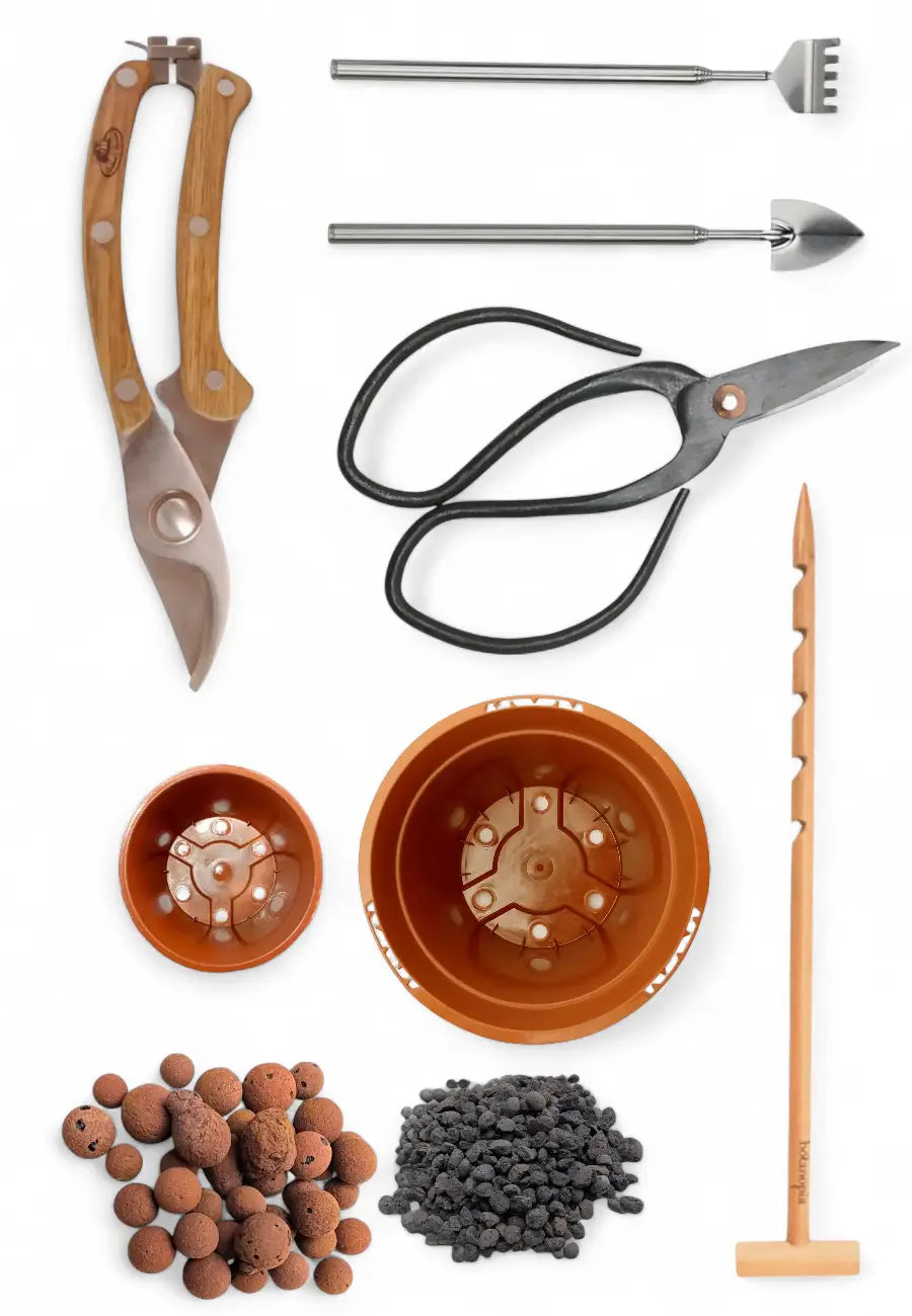 Collection of gardening tools and supplies including scissors, pots, and small items on a white background.