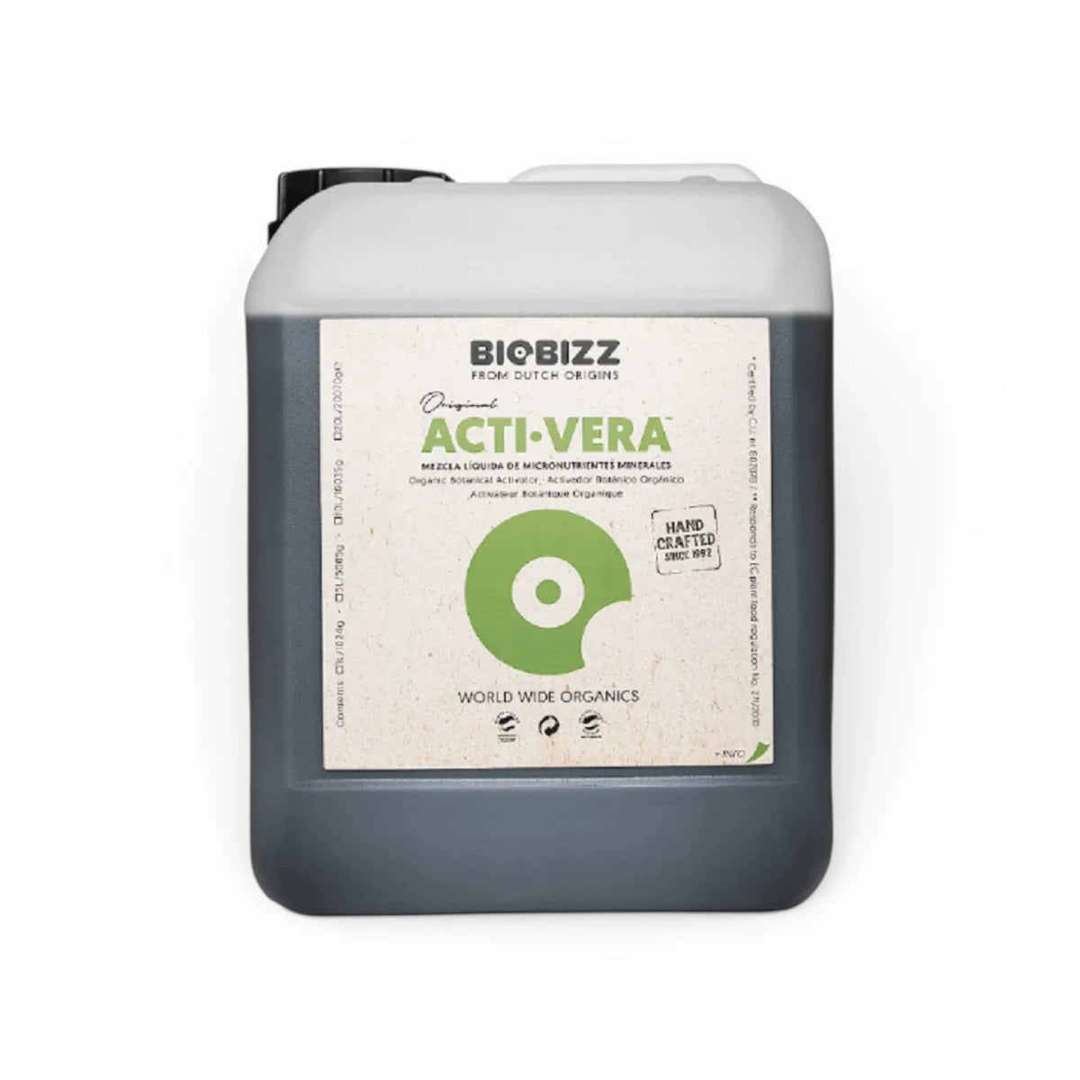 Biobizz Acti Vera 5-Liter-Flasche vor weißem Hintergrund