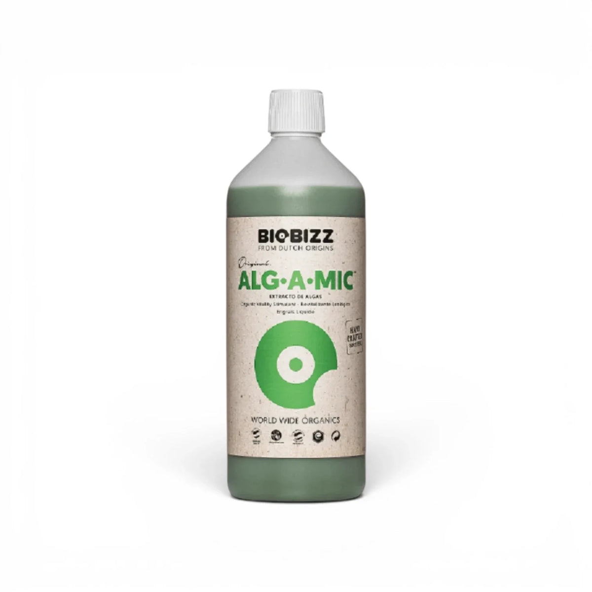 Biobizz Alg A Mic 1-Liter-Flasche vor weißem Hintergrund