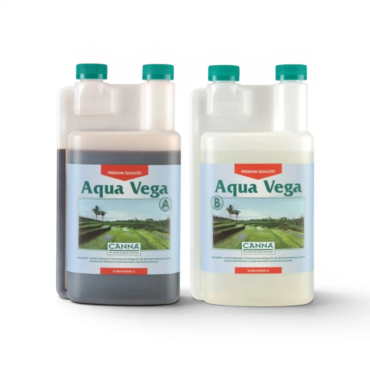 CANNA Aqua Vega A+B 1-Liter-Flaschen-Set vor weißem Hintergrund