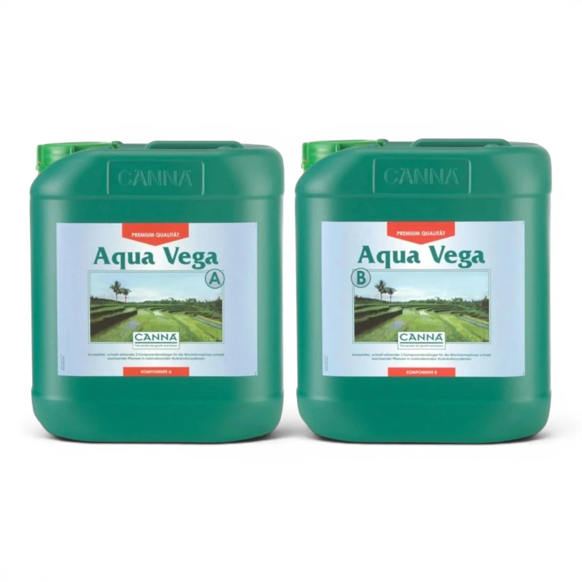CANNA Aqua Vega A+B 5-Liter-Flaschen-Set vor weißem Hintergrund