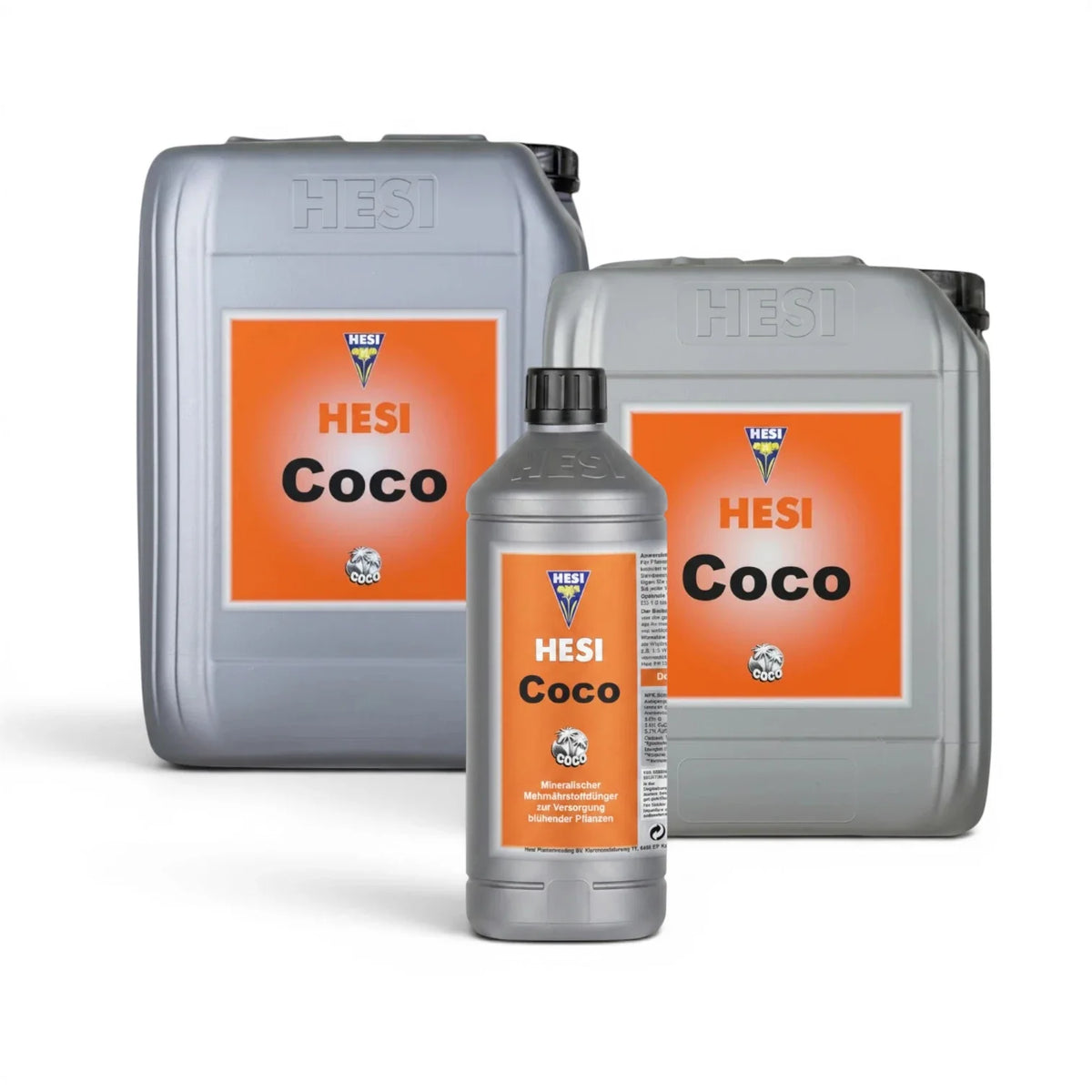 HESI Coco in verschiedenen Flaschengrößen vor weißem Hintergrund