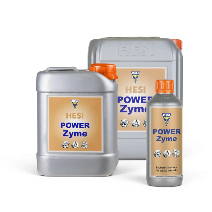 HESI PowerZyme bottles in multiple sizes on a white background