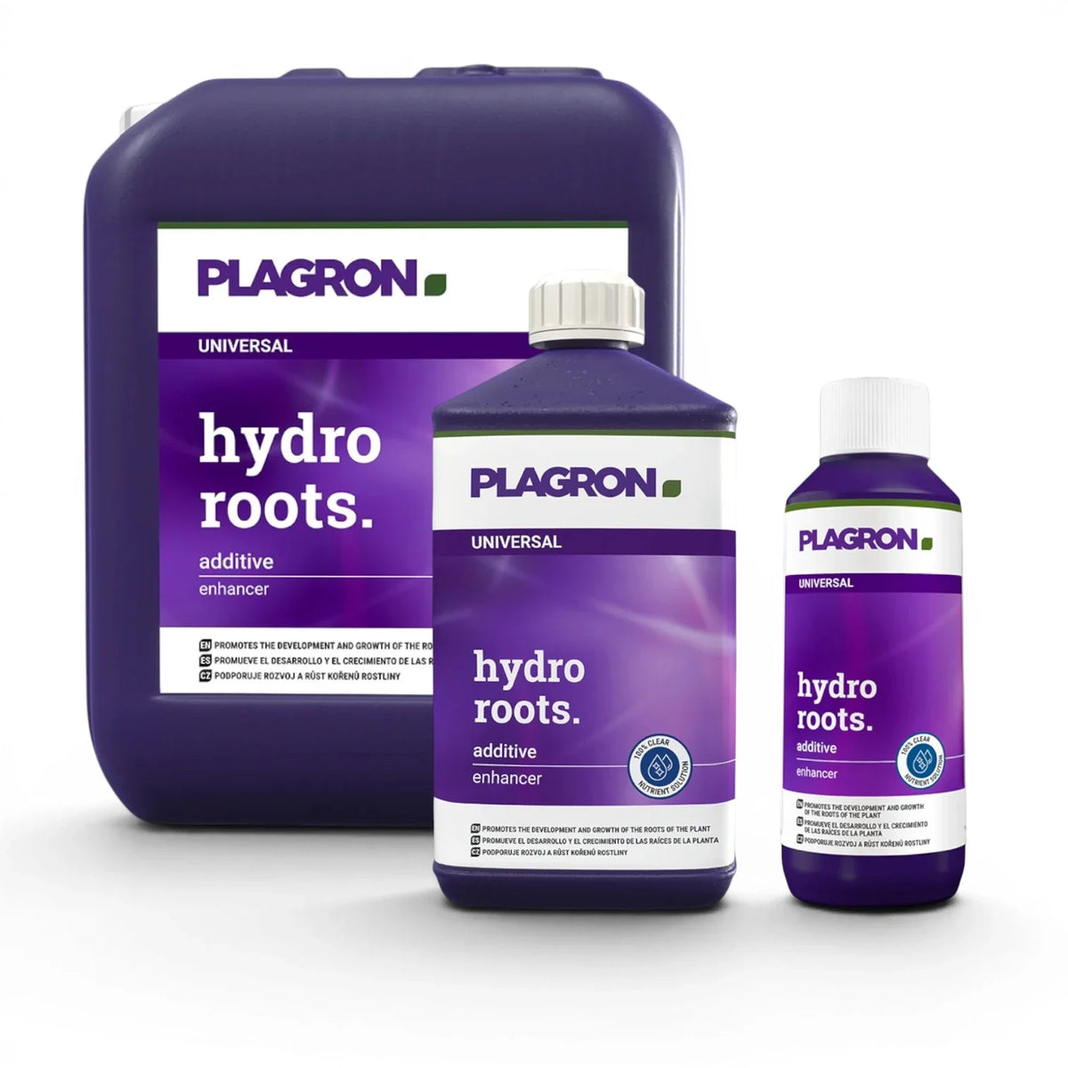 Plagron Hydro Roots in verschiedenen Flaschengrößen vor weißem Hintergrund